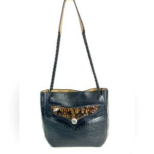 James Culver Black Textured Leather Brown Shoulder Bag Braided Straps Tubac AZ